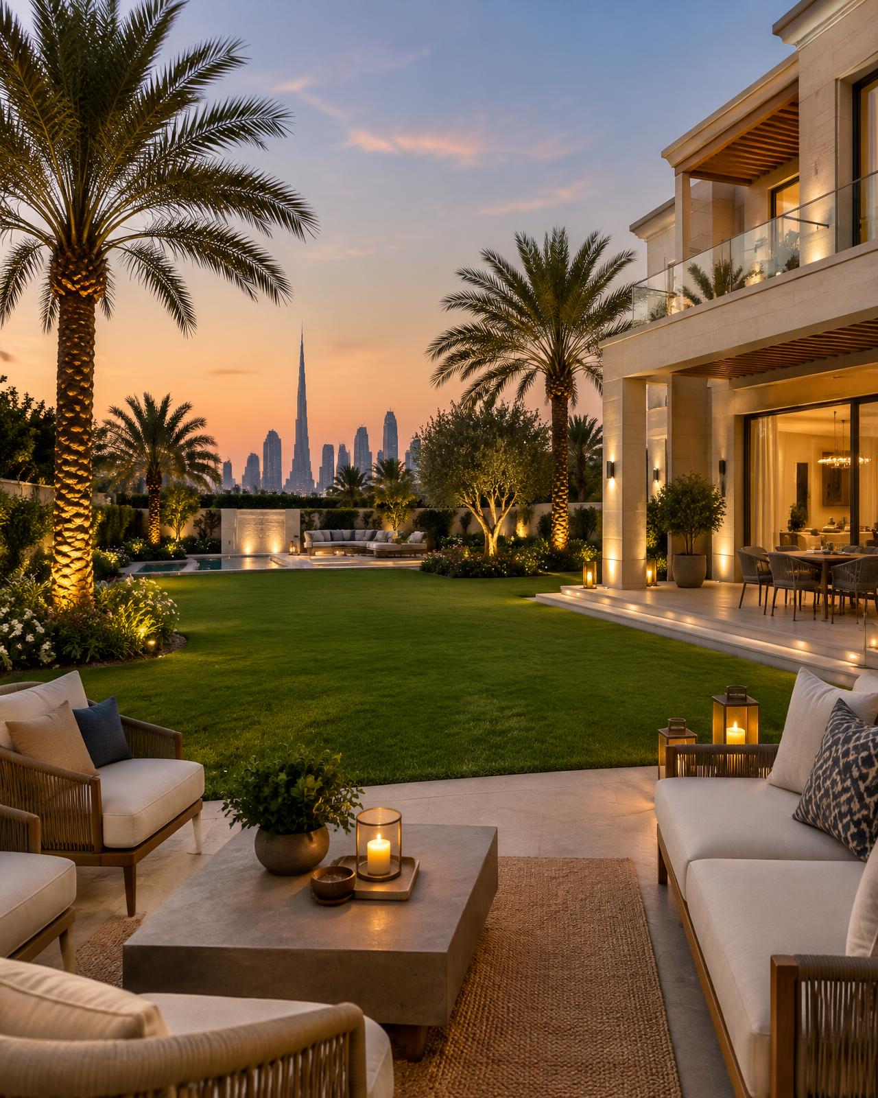 Landscaped villa garden in Dubai with lawn, palms and evening lighting