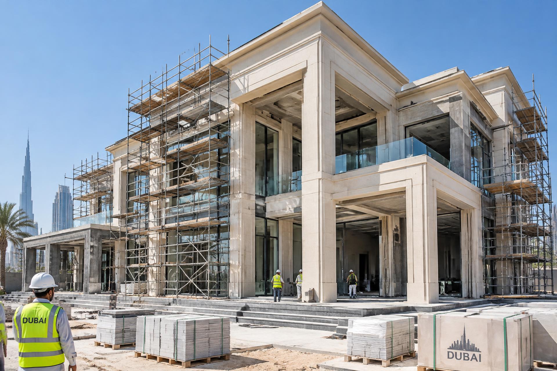 Villa under construction in Dubai with stone facade and scaffolding