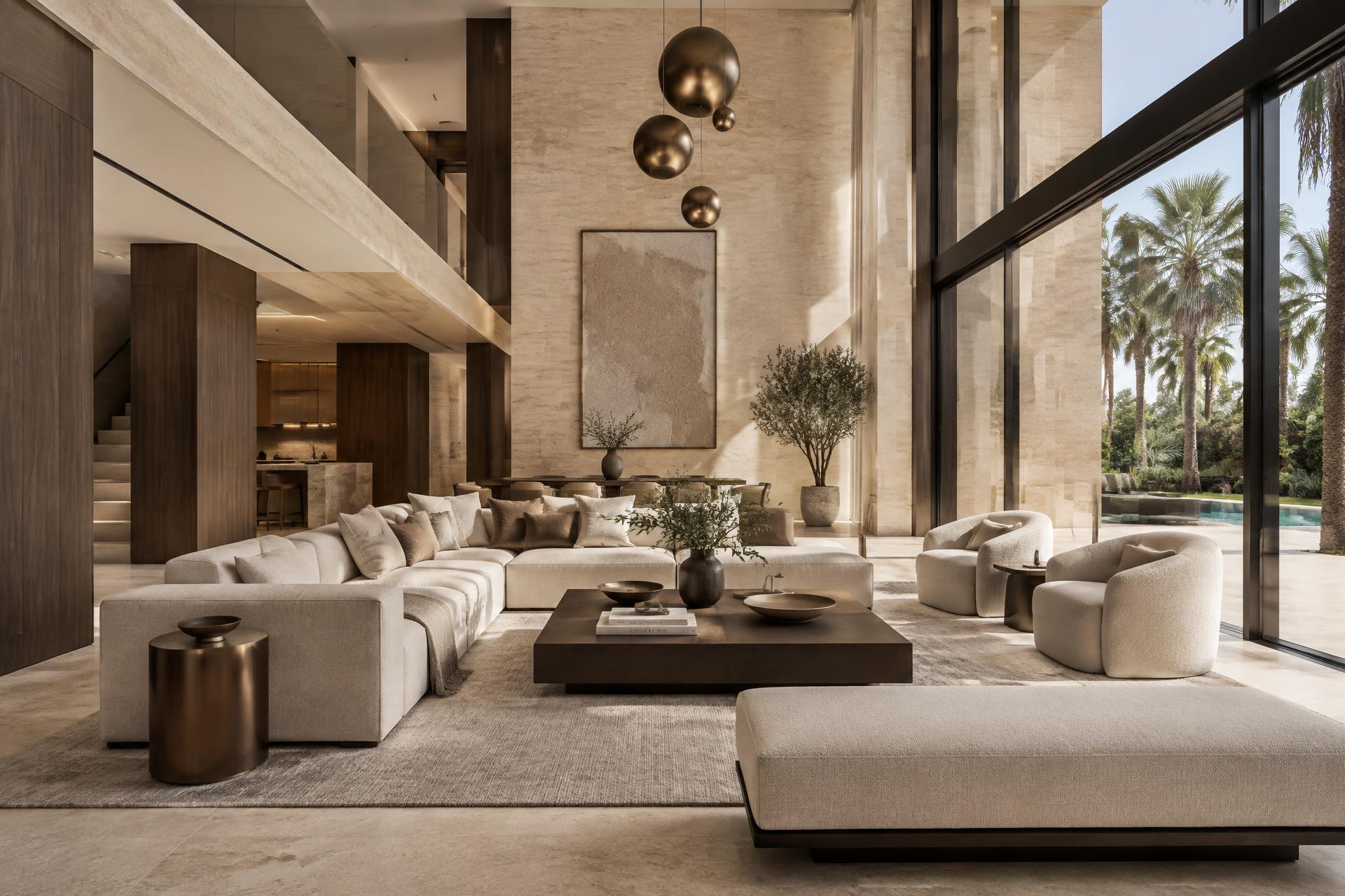 Villa living room interior design in Dubai with travertine walls, oak joinery and floor-to-ceiling glass