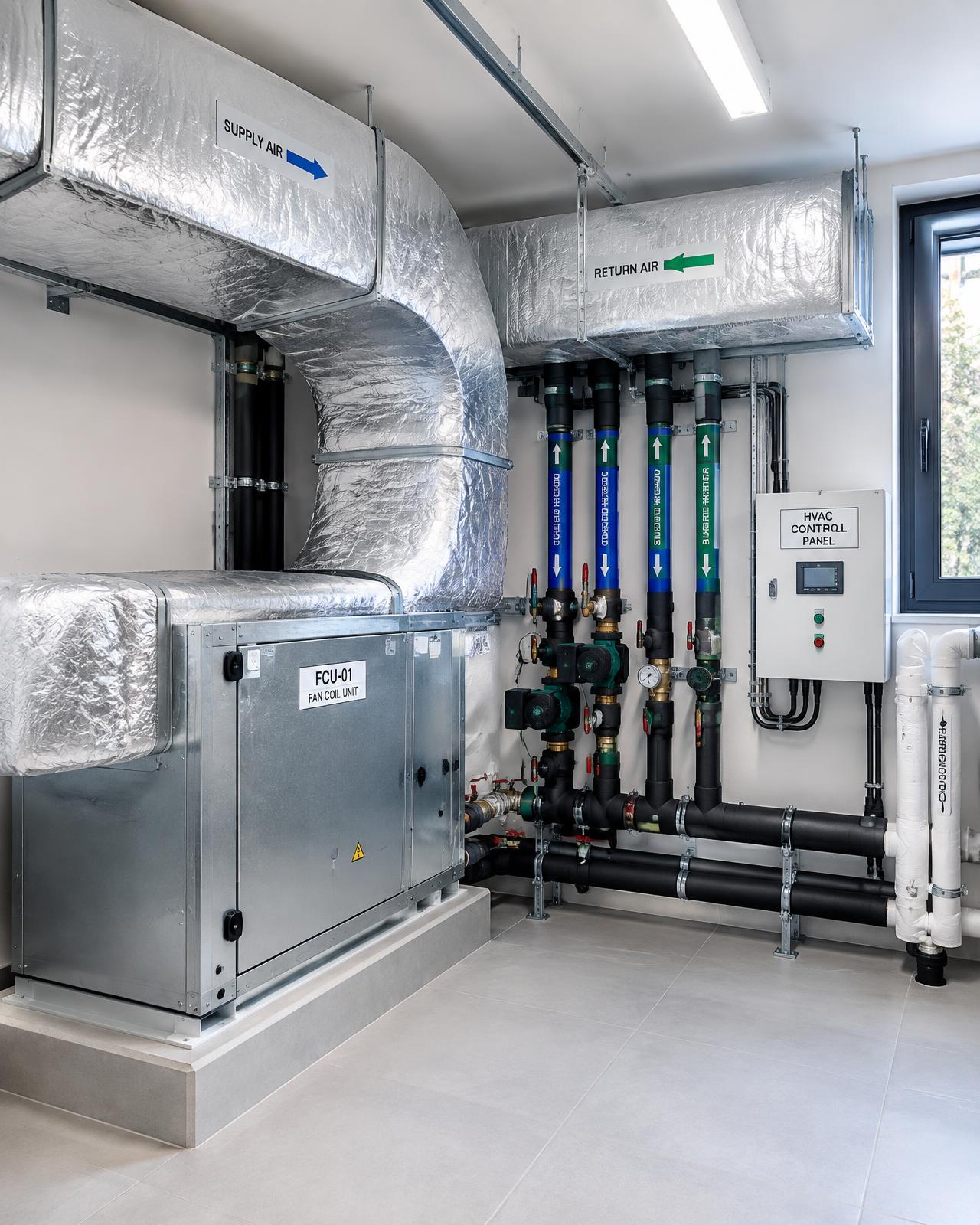 Neatly installed villa HVAC plant room with insulated ductwork and fan coil unit in Dubai