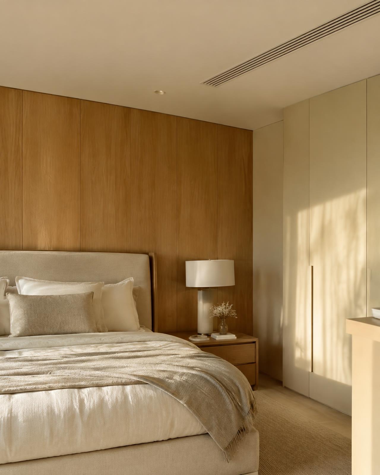 Villa bedroom with concealed linear air conditioning grille and oak panelling