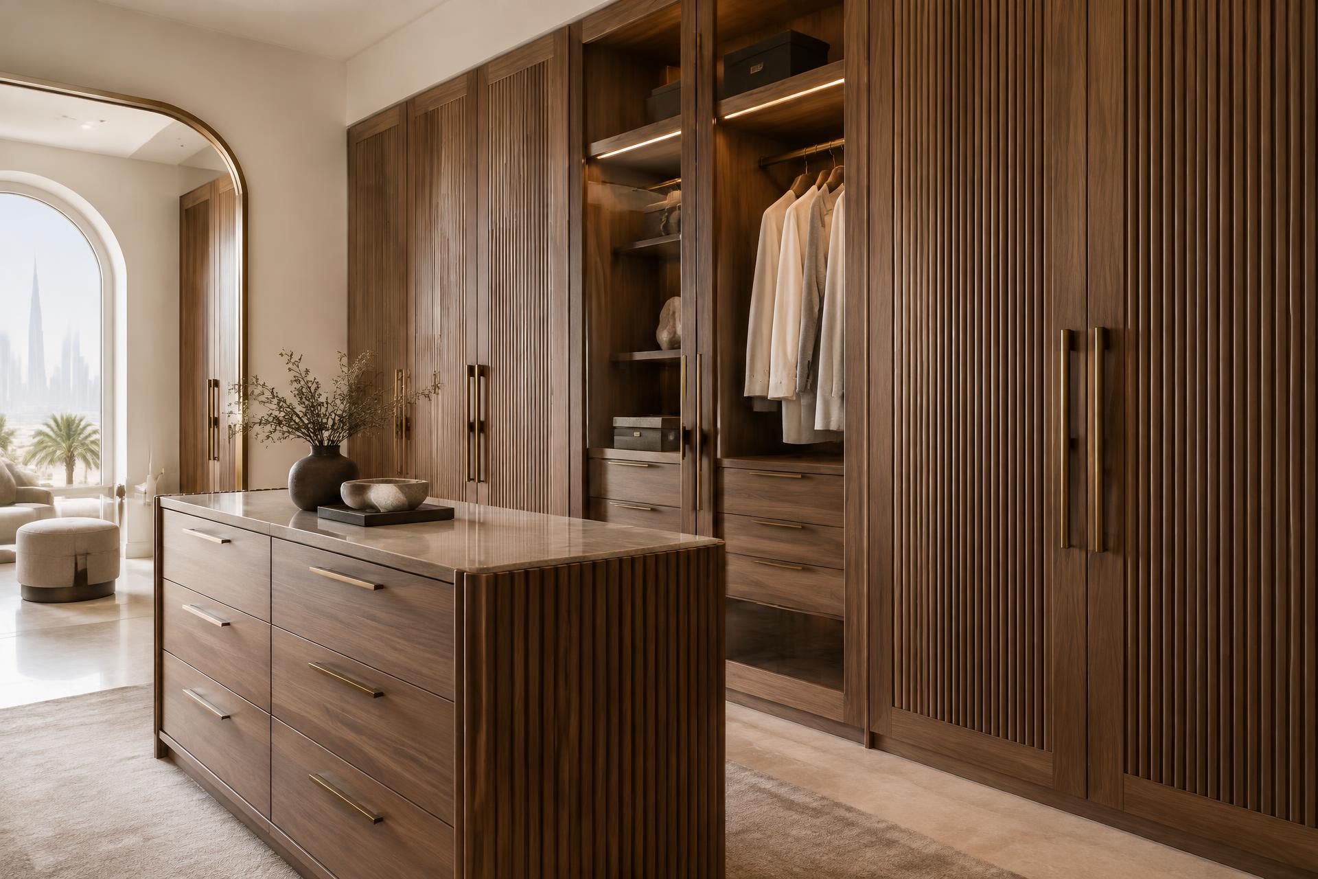Bespoke walnut walk-in wardrobe with fluted panelling and bronze handles in a Dubai villa